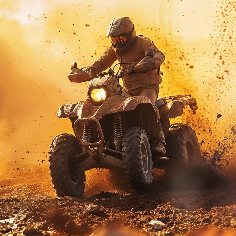 An action shot of a person in a helmet riding a muddy quad bike at high speed, kicking up dirt and dust against a golden, sunlit background