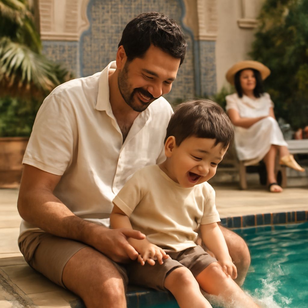 A smiling father sits on the edge of a swimming pool with his laughing young son on his lap. The boy is splashing his feet in the water, and in the background, the mother is watching them from a chair.