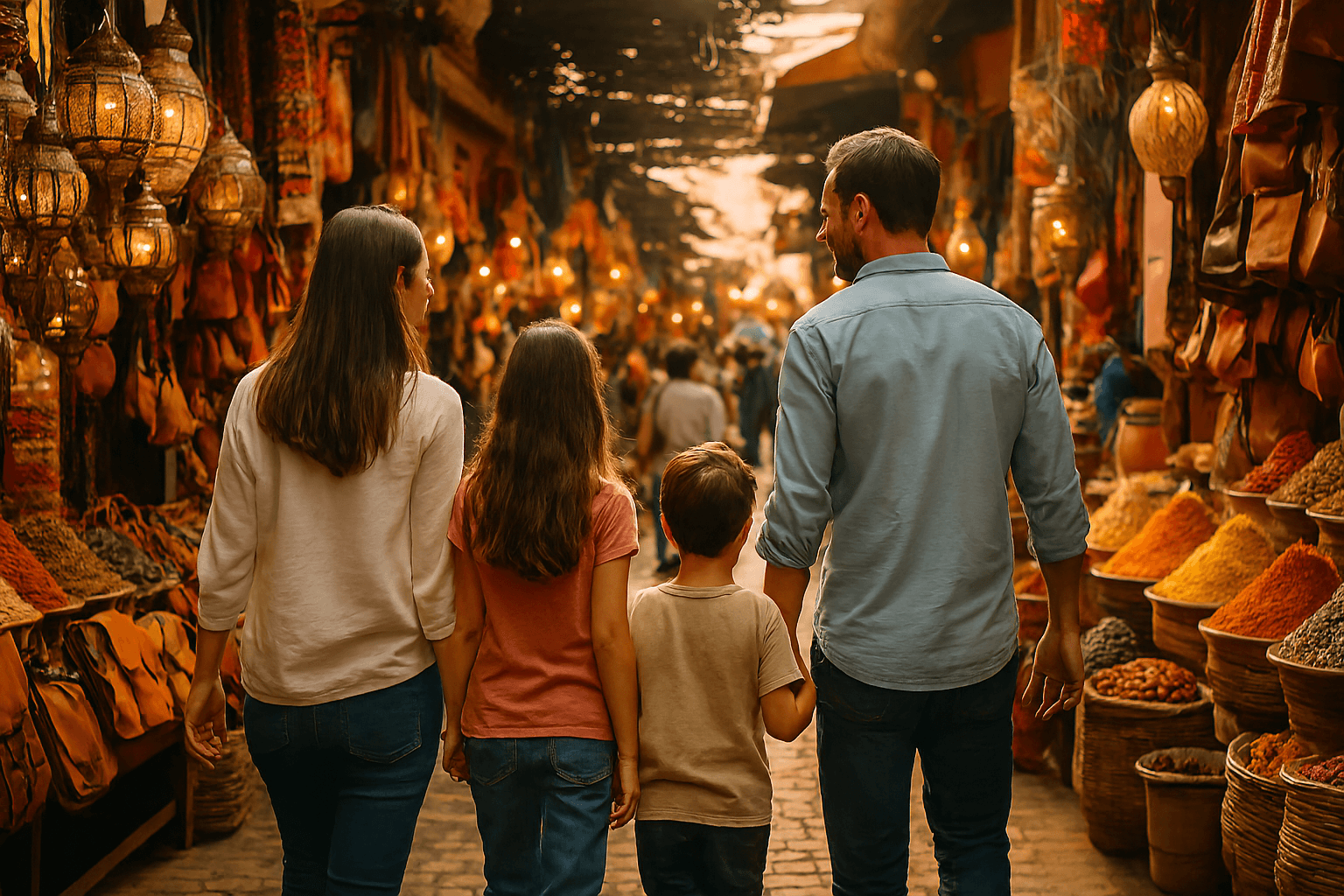 A family with two children explores a vibrant, colorful souk in Marrakech. The image captures the sense of adventure of a Morocco with kids holiday.