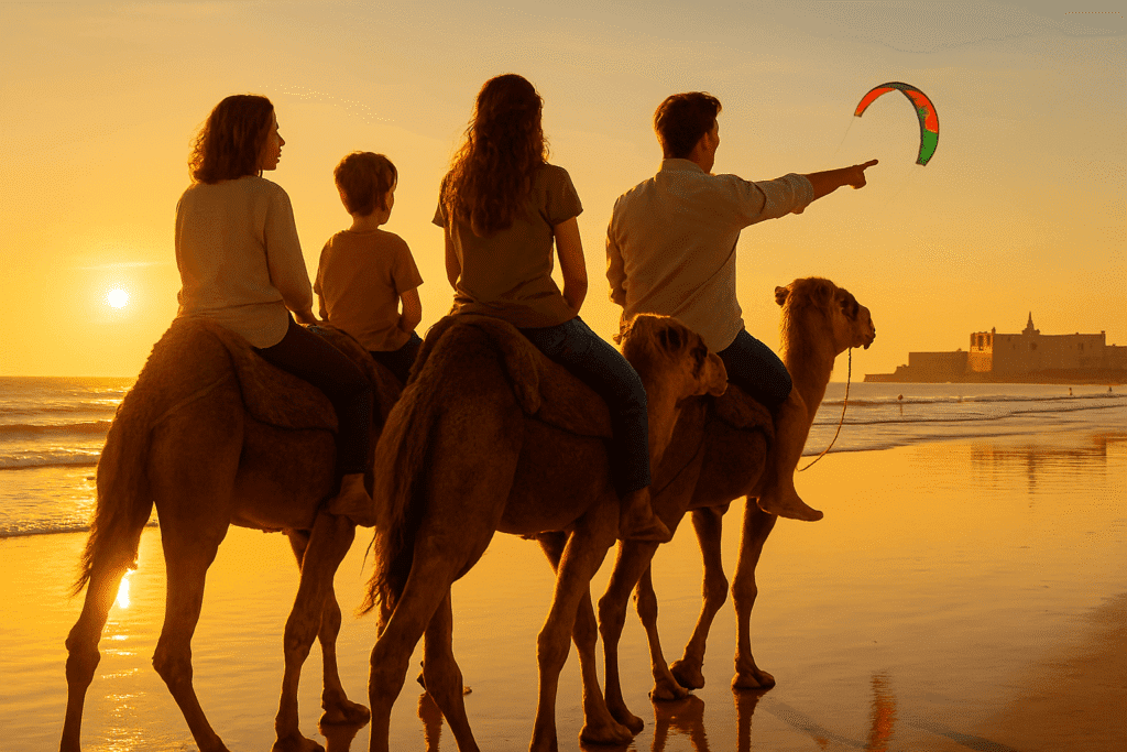 A family of four riding camels on a wet beach during a golden sunset. The father is pointing at a kite in the sky, with an old fortress visible in the background.
