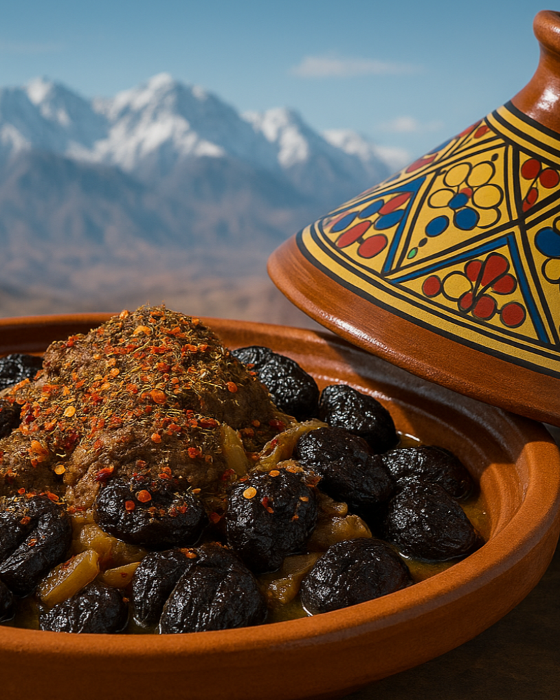 An open Moroccan tagine dish showing a lamb stew with prunes and spices, set against a backdrop of the snow-capped Atlas Mountains. The decorative conical lid sits next to the base.
