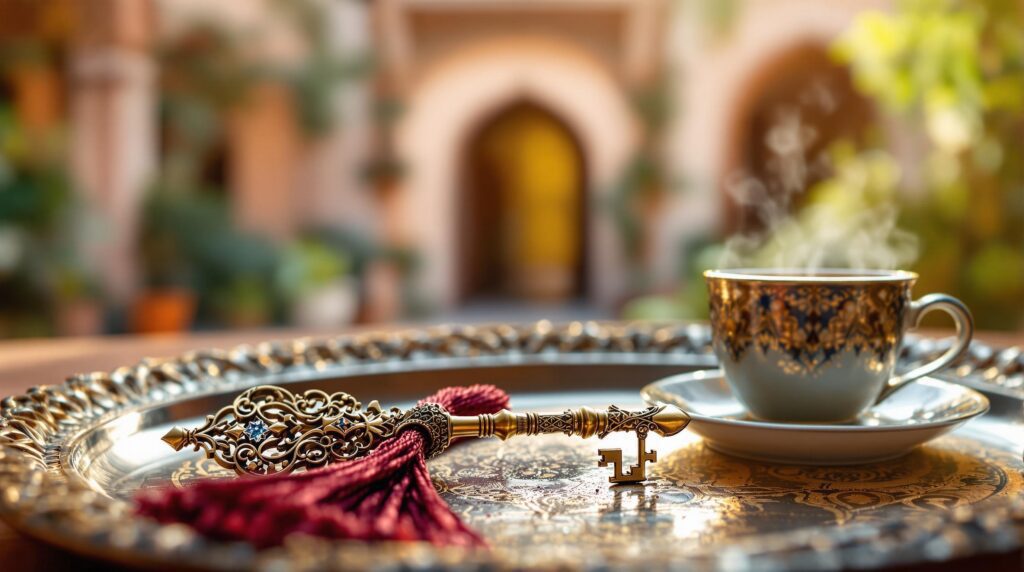 An ornate, traditional Moroccan key and a steaming cup of mint tea on a silver tray, representing the welcome you receive when you book accommodation in Morocco.